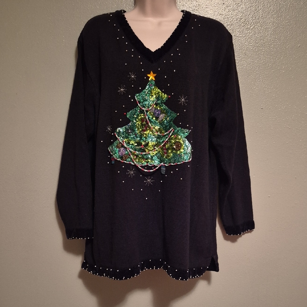 Beaded Black Christmas Tree Sweater Green Sequin 1X Festive